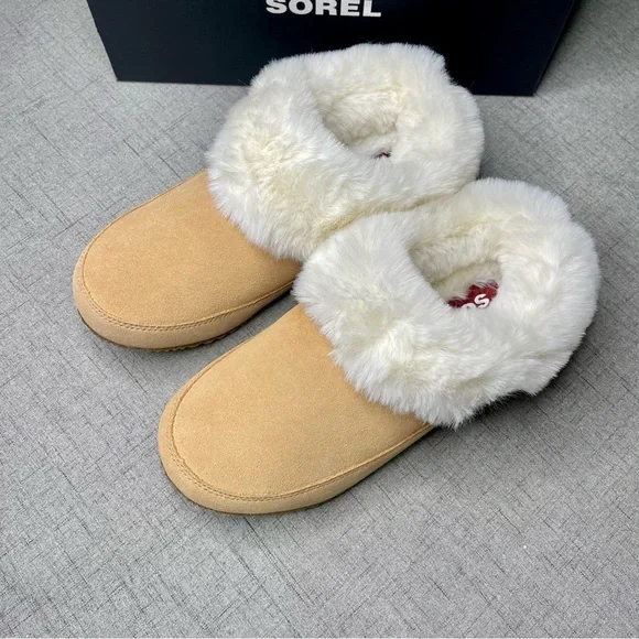 Sorel Women’s Go Coffee Run Slippers Tan Suede Leather Fur Slip On Shoes Nwt - Picture 8 of 16